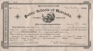 Certificado de Maestros Tercer Grado Estado de Nebraska 1893 Caja Parroquia Butte Chas - Imagen 1 de 2