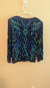 VTG Rina Z Peacock Feather Blue Sequin Party Cocktail Evening Silk Jacket Xlarge - Picture 1 of 7