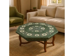 Handmade Green Marble Coffee Table – Pietra Dura Floral Mother of Pearls Design - Picture 1 of 8