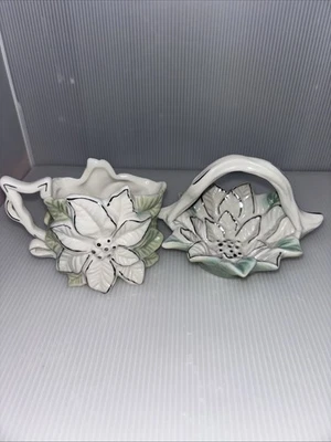 Винтажная корзина для сливок и сахара Poinsettia зеленая/белая/серебристая Cottage Core - Изображение 1 из 4