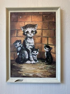 Vintage 1970’s Retro Kitsch Sad Big Eyed Cat & Kittens Print Picture 28 x 38 cm - Bild 1 von 10