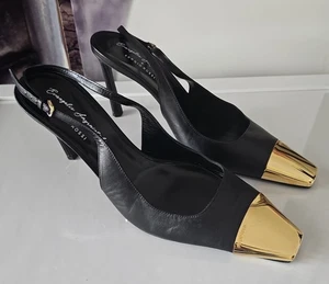 Sergio Rossi EVANGELIE Black w/ Gold Square Cap Toe Slingback Heels 42 YJ01 - Picture 1 of 14