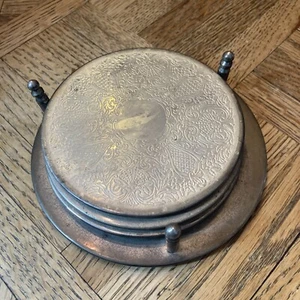 4 Embossed SilverPlate Antique Drink Coasters With Holder Unmarked. - Picture 1 of 14