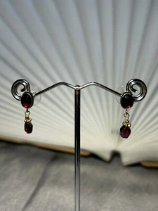 GARNET SET AND BEAD DROP GOLD ON STERLING SILVER EARRINGS -3/4" LONG - Picture 1 of 3