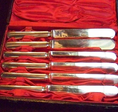 DELUXE FANCY SHINNY EDWARDIAN SILVER FRUIT DESSERT KNIVES CASED KNIFE SET 1960s - Image 1 of 4