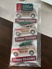 New Set of 3 Christmas Ornament Vintage WOODIE WAGON Happy Holidays Banner Tree