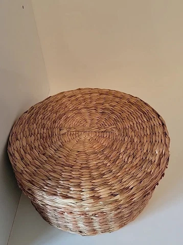 Vintage Woven Rattan Wicker Round Sewing Storage Basket & Lid 5 3/4" Boho Cover