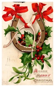 Merry Christmas Clapsaddle Gold Gilt Horseshoe Wishbone Embossed 1900's Antique - Picture 1 of 2