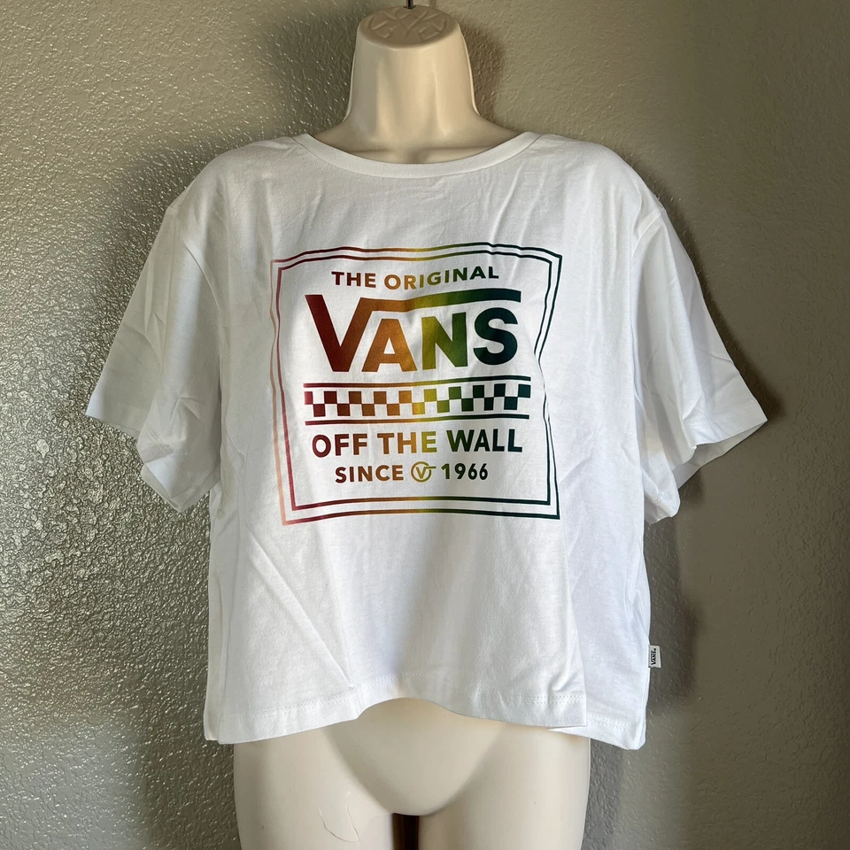 Women’s VANS Stackton Boxy Crop Top White With Rainbow Graphic Size Large