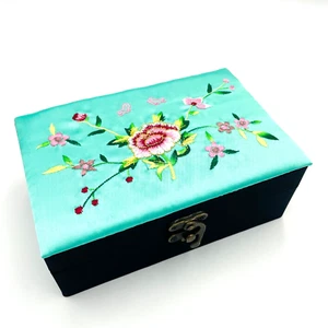 Flower Embroidered Satin Jewelry Box w/ Mirror Anti Tarnish Teal Boho Romantic - Picture 1 of 12