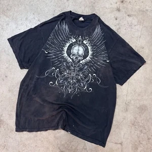 Vintage Y2K Style Skull Wings Graphic Tee Grunge Distressed Black Tee XL - Picture 1 of 7