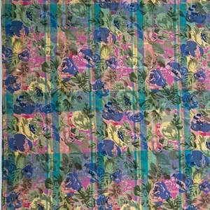 Cool Cotton Dress Fabric Floral Overprint Check Quality Blue Pink PER 1/2 Metre - Picture 1 of 4