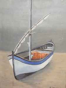 Vintage modernist landscape seascape boat oil painting signed - Picture 1 of 12