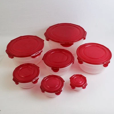 Set of 7 Lock & Lock 100 ml to 3.4 L Plastic Food Storage Bowls Red Lid - Image 1 of 4