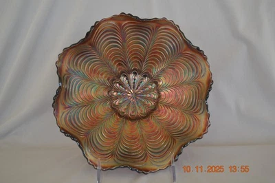 Fenton carnival glass Peacock Tail ruffled edge standard bowl---amethyst - Image 1 of 4