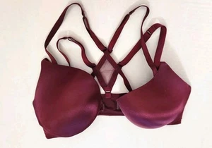 Victoria's Secret Bombshell PU Adds-2Cup Sizes Strappy Wine Front Close Bra 38D - Picture 1 of 12