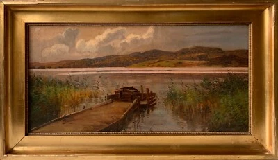 Oil Painting Impressionist Carl Milton Jensen 1911 Jetty With Boat At Lake Shore - image 1 of 4