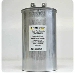 TitanPro TRCFD555 HVAC runder Dual Motor Run Kondensator 55/5 MFD/UF 440/370 Volt - Bild 1 von 3