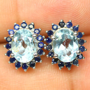 6 x 8 mm. SKy Blue Topaz & Blue Sapphire Earrings 925 Sterling Silver