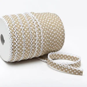 Schrägband Einfassband Zierband Häkelborte Borte beige mit weißen Punkten - Bild 1 von 1