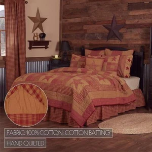 Ninepatch Star Patchwork Queen Quilt. VHC Brands. Burgundy, Tan - Picture 1 of 2