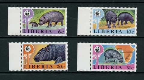 S635 Liberia 1984 fauna Pygmy Hippo's WWF 4v. MNH Cover