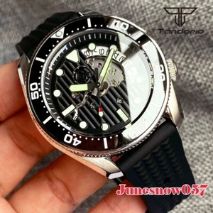 Tandorio 43MM Watch 20ATM Japan NH35 Men Black Skeleton Dial Chapter Ring Rubber - Picture 1 of 8