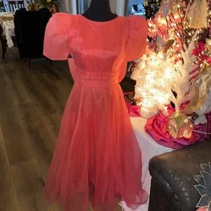 Vintage Perfect Pink Organza Bow special Open Back Gown Puff Sleeve 11/12 USA   - Picture 1 of 9