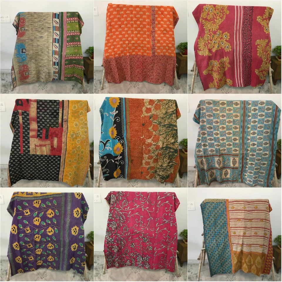 Edredón Kantha reversible indio ropa de cama de colección cubrecama Gudari lote doble Foto 1 de 1