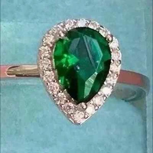 2.30 Ct Pear Cut Natural Emerald & Diamond Engagement Ring 14K White Gold Sz 7 - Picture 1 of 8