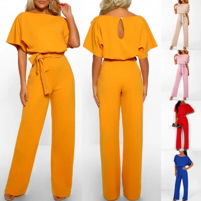 Damen Kurzarm Jumpsuit Damen Casual Solid Wide Leg Pant Rompe Playsuit DE N☆ - Bild 1 von 4