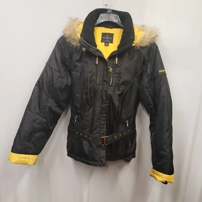 Chaqueta acolchada con capucha Y2K Baby Phat para mujer M ribete de piel de coyote negro y amarillo Foto 1 de 4
