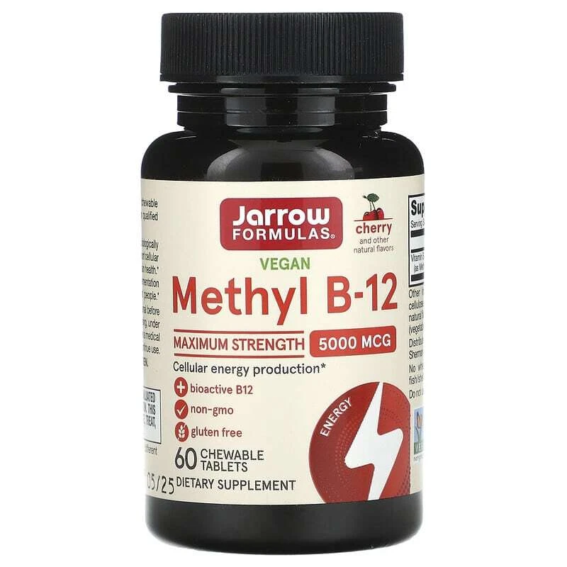 Jarrow Formulas, Vegan Methyl B-12, Max Strength, Cherry, 5,000 mcg, 60 Chew Tab - Image 1 of 1