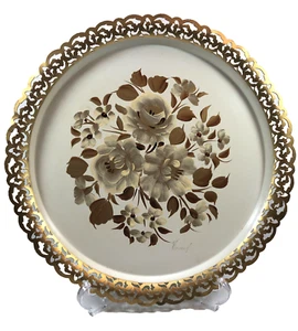 NASHCO TOLEWARE Metal Hand Painted Round SERVING TRAY Pierced Gold Floral 15” - Picture 1 of 10
