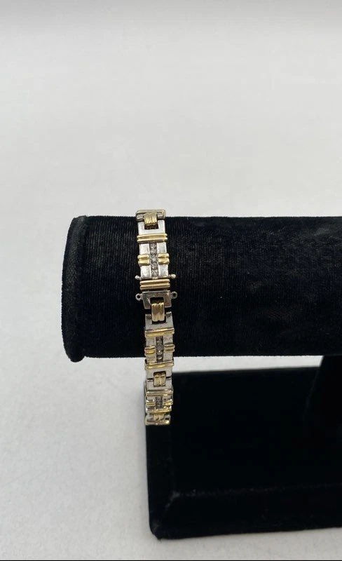 Silver And 10k Gold Diamond Tennis Bracelet 8.5" 18.83 Grams - Image 1 of 4