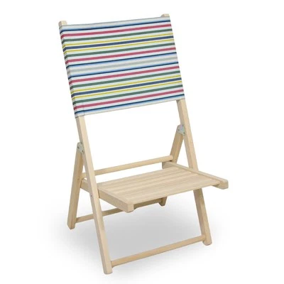 Chaise De Plage Pliable En Bois Naturel Avec Dossier À Rayures Colorées - Photo 1/4
