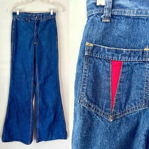 Vintage 70s RARE Red Snap High Waist Bell Bottom Flared Denim Jeans Sz S - Picture 1 of 10