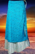 Maxi Wrap Skirt Ocean Blue Double Layered Vintage Ankle Length Skirt Onesize
