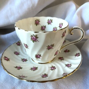 Vintage Aynsley Bone China Tea Cup & Saucer Set England Pink Rosebuds Roses - Picture 1 of 7