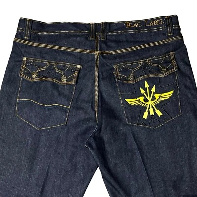 Pantalones de mezclilla Blac Label para hombre talla 40x35 ropa de calle hip hop bolsillos con solapa bordados Foto 1 de 4