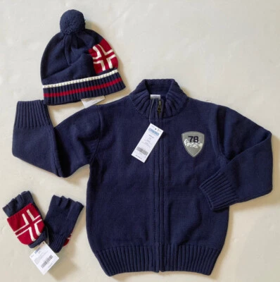 NWT Gymboree Ski Cabin XS 3-4 Navy Nordic Flag Cardigan Sweater Hat Gloves 3T-4T - Image 1 of 2