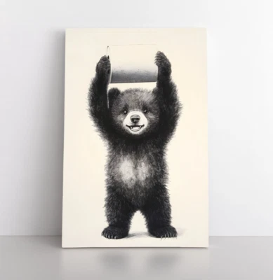 Bear Cub Bathroom Wall Art Print Framed Canvas, Cute Toilet Paper Animals Decor - Image 1 of 4