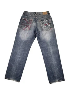 Y2K Coogi Jeans Men 34x33 Blue British Flag Crest Embroidered Loose Hip Hop 00’s - Picture 1 of 14