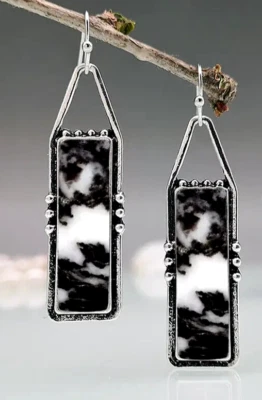 Pendiente de imitación de jaspe blanco negro tono plata gancho francés hecho a mano XGET Foto 1 de 4