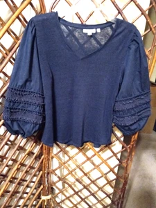 Chicos Womens pullover Blouse Top Size 1 Medium 3/4 linen Puff Sleeve - Picture 1 of 5