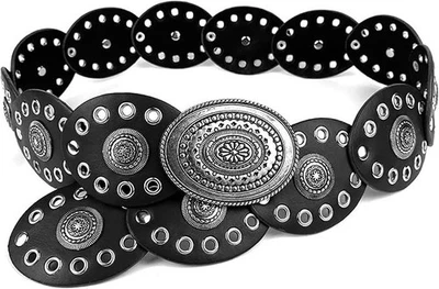 Black PU Leather & Silver Western Boho Cowgirl Disc Concho Belt Adjustable Sizes - Image 1 of 4