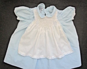 Vtg. Polly Flinders Smocked Dress Baby or Doll Blue Swiss Dot w Apron Size 0-3 M - Picture 1 of 7