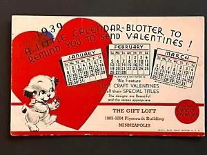 1939 Vintage Valentine Calendar Ad Blotter Puppy & Giant Red Heart - Minneapolis - Picture 1 of 3