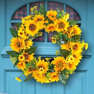 Sunflower Wreath Greenery Leaves Front Door Wreath - Picture 1 of 7