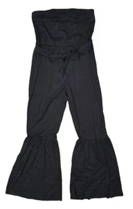 Black Strapless Wide-Leg Jumpsuit With Tie Waist Ruffle Hem & Elastic Top - Picture 1 of 9